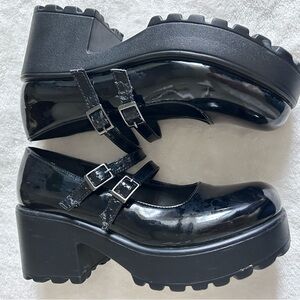 Chunky Platform Mary Jane Heels Black Patent Lug Sole Goth Y2K Size 8.5